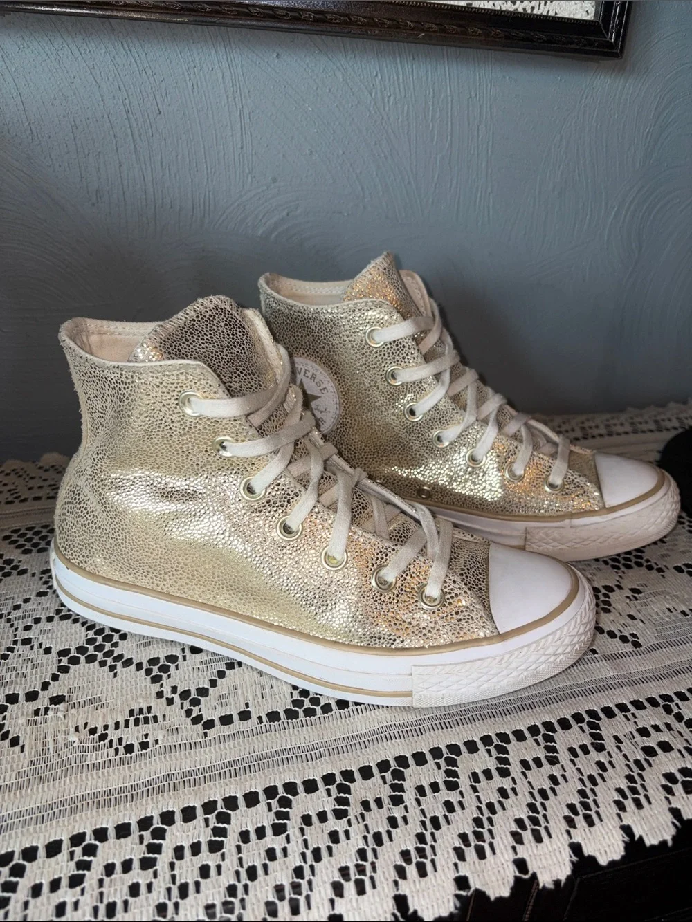Converse High Top Sneakers in Metallic Gold with White Accents